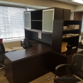 Espresso L-Suite Desk with Pedestal and Overhead Storage